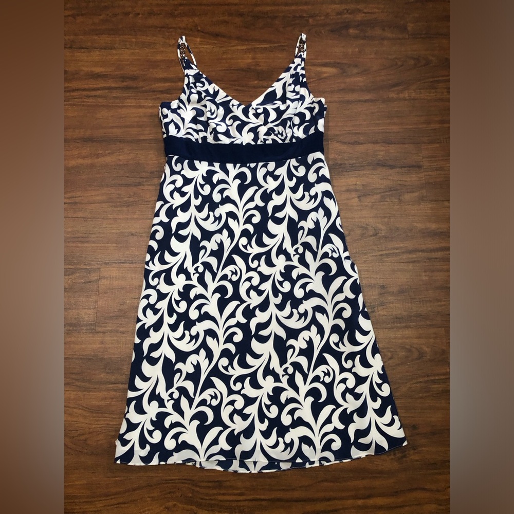 Ann Taylor Navy and Cream Silk Patterned Dress